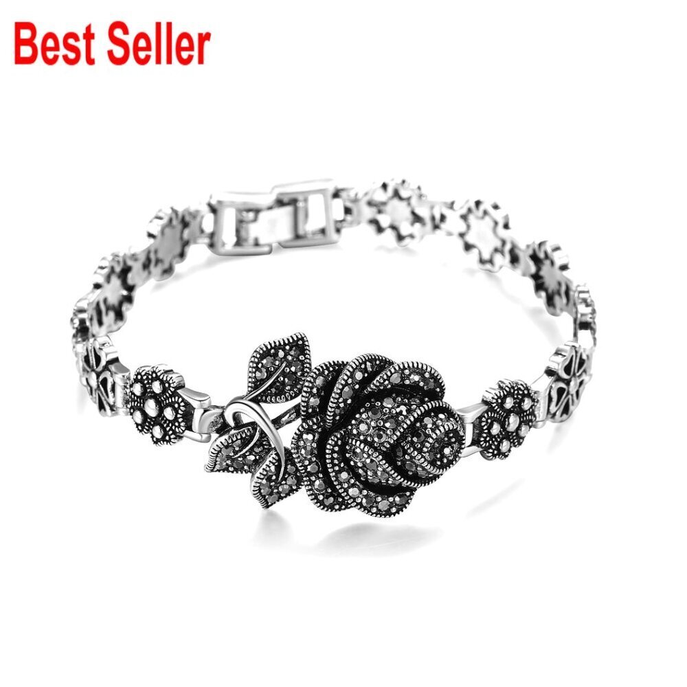 Vintage Charm Bracelet with Black Onyx Marcasite Silver Rose Flower Design